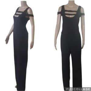 Frederick's of Hollywood Size L Black Jumpsuit Flare Leg Playsuit Catsuit Straps